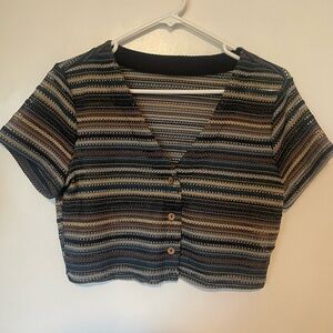 SHEIN Striped V-Neck Button Crop Top - Black, Brown, Blue